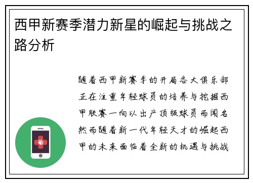 西甲新赛季潜力新星的崛起与挑战之路分析